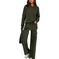 Women's long sleeve polyester sports suit set in beige, showing top and trousers for gym or casual wear.