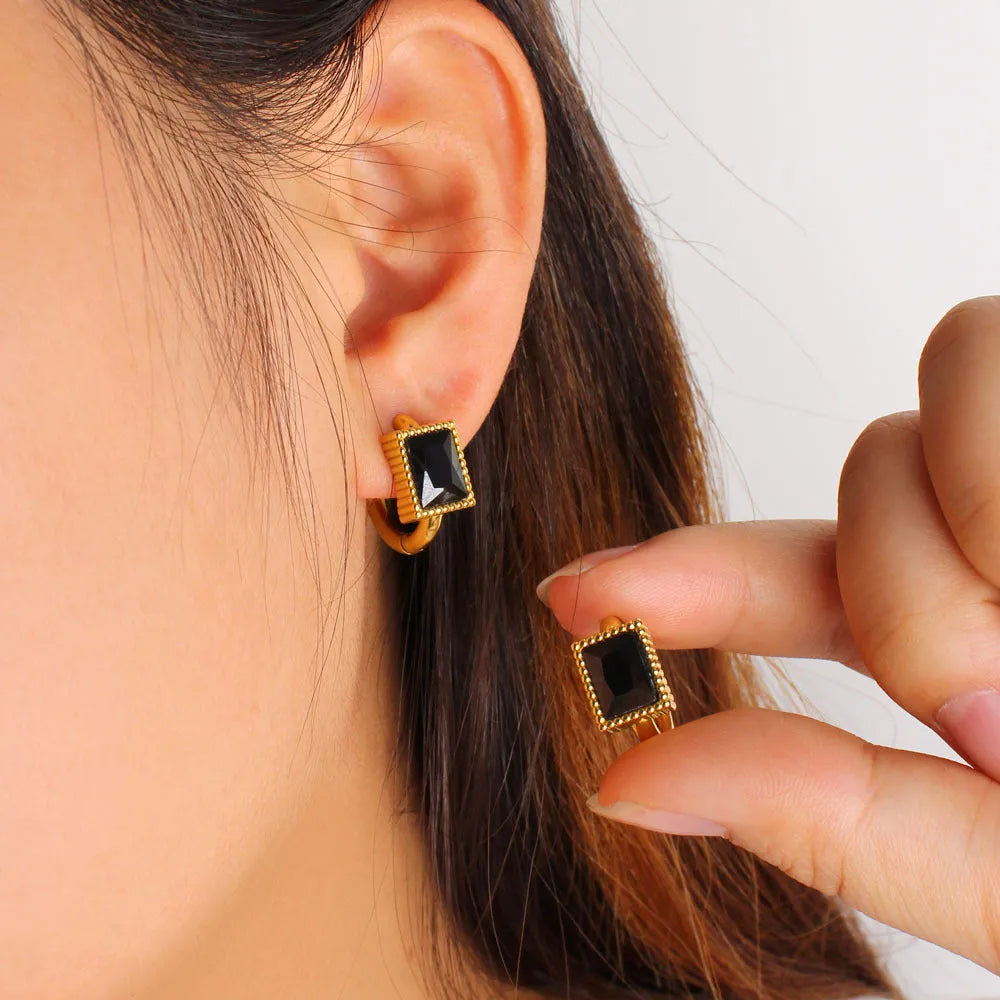 Square geometric zircon earrings in stainless steel with white, black or green electroplated finish