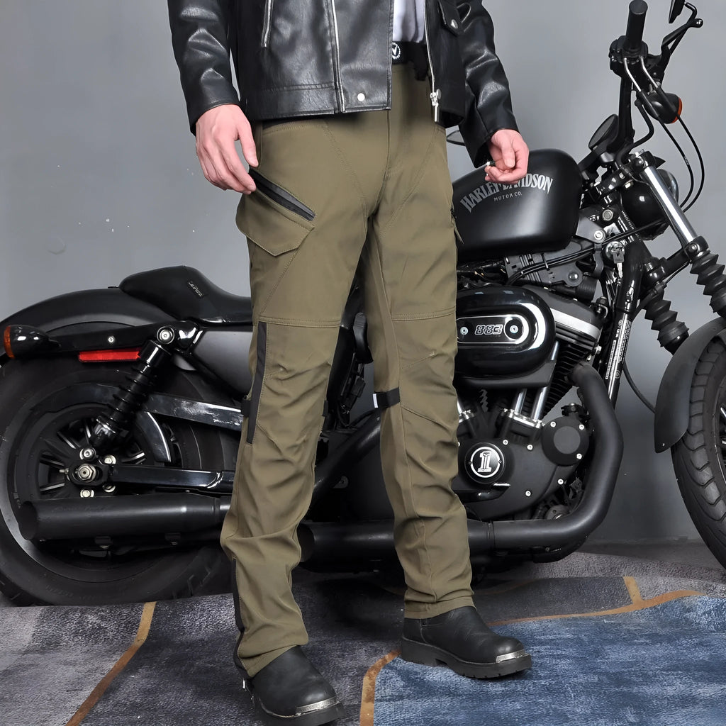 Motorcycle waterproof windproof cycling pants in black and green colours with protective gear and belt
