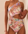 Women's rose gold patterned swimsuit in polyester fabric showing front design