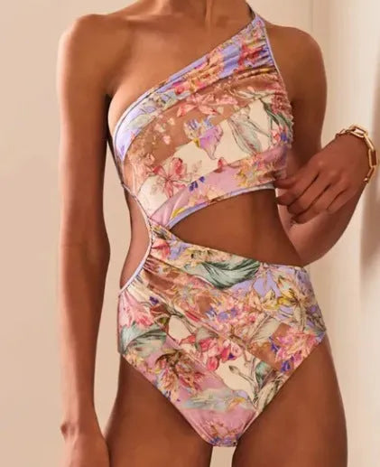 Women's rose gold patterned swimsuit in polyester fabric showing front design