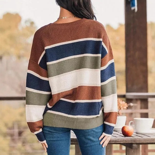 Brown contrast colour knitted sweater female loose fit long sleeve pullover top