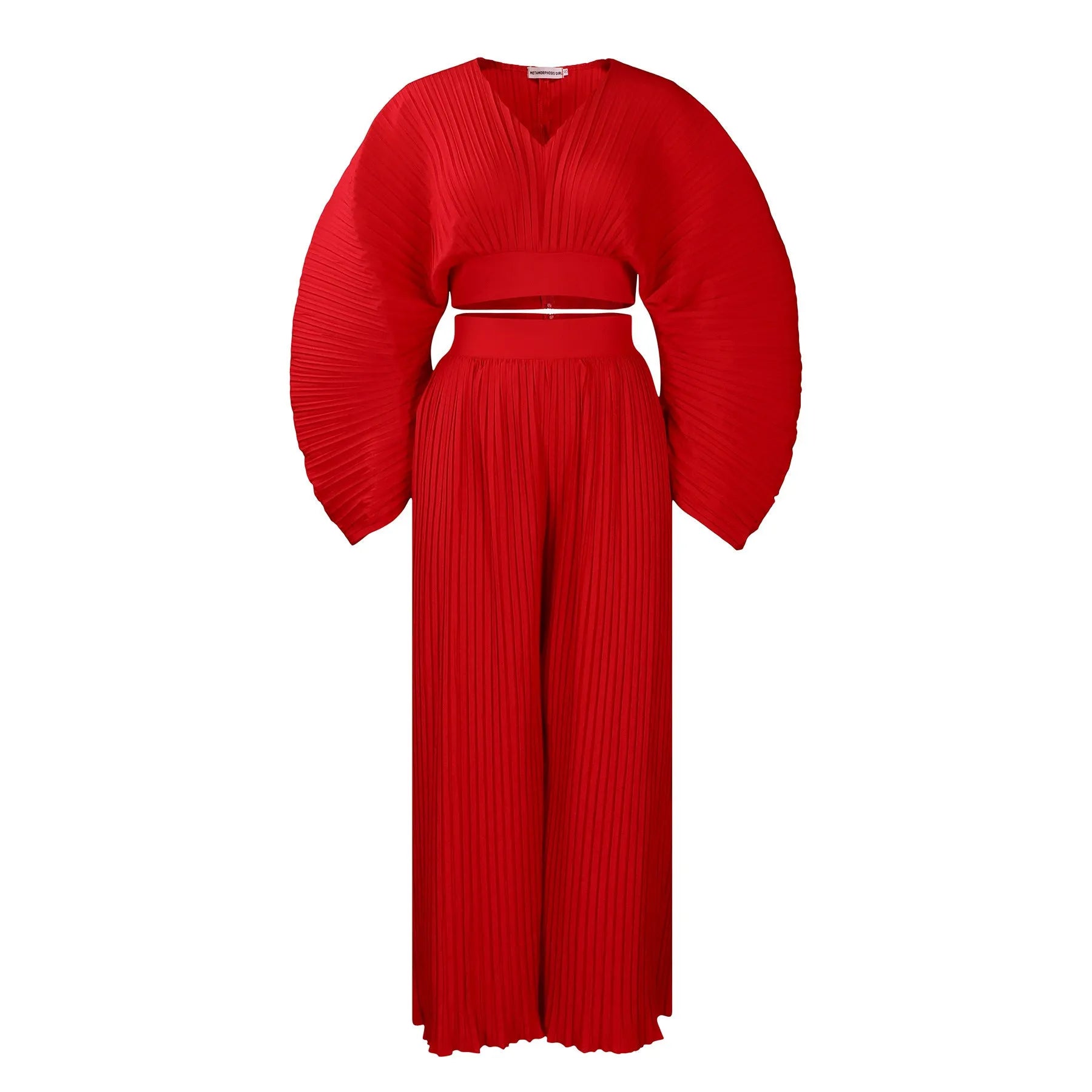 African suit two-piece set with batwing sleeve top and wide leg trousers in red or blue.