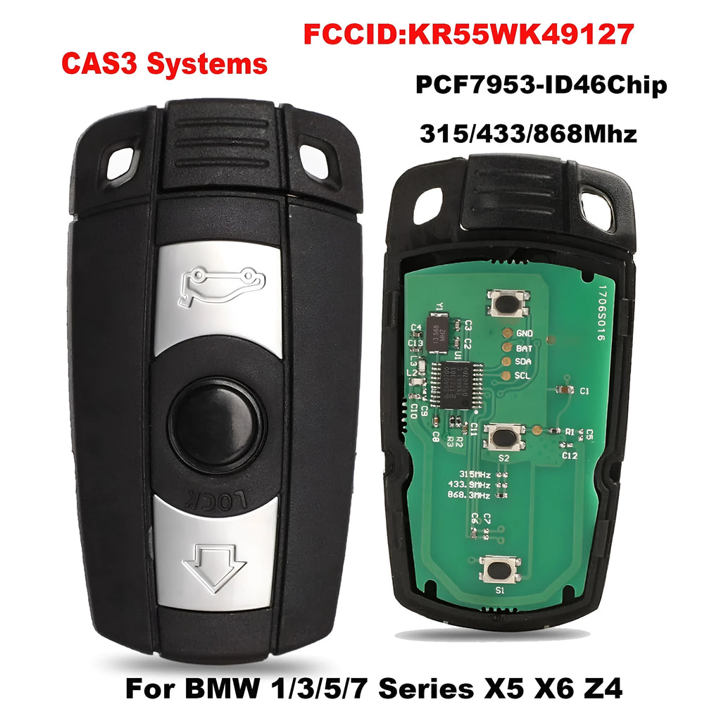 BMW CAS3 semi-intelligent car key remote control unit with three metal keys, HU92 model.