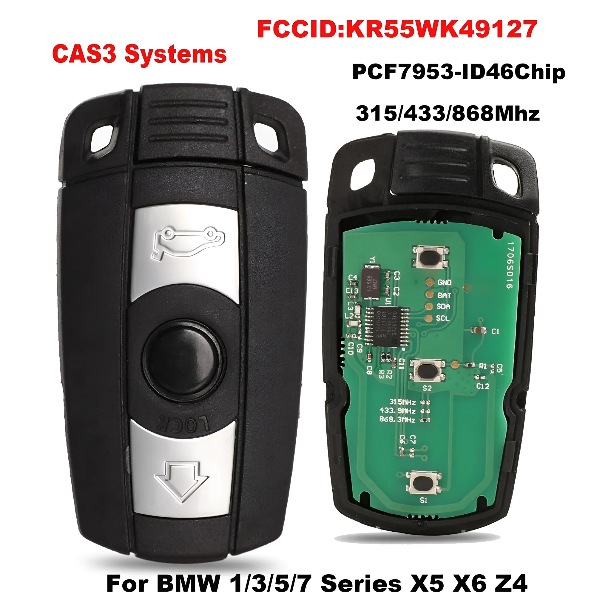 BMW CAS3 semi-intelligent car key remote control unit with three metal keys, HU92 model.
