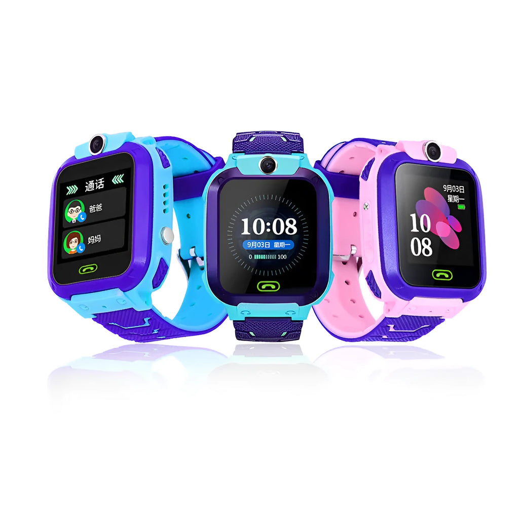Blue waterproof children's smart watch with colour touch screen on a silicone strap.