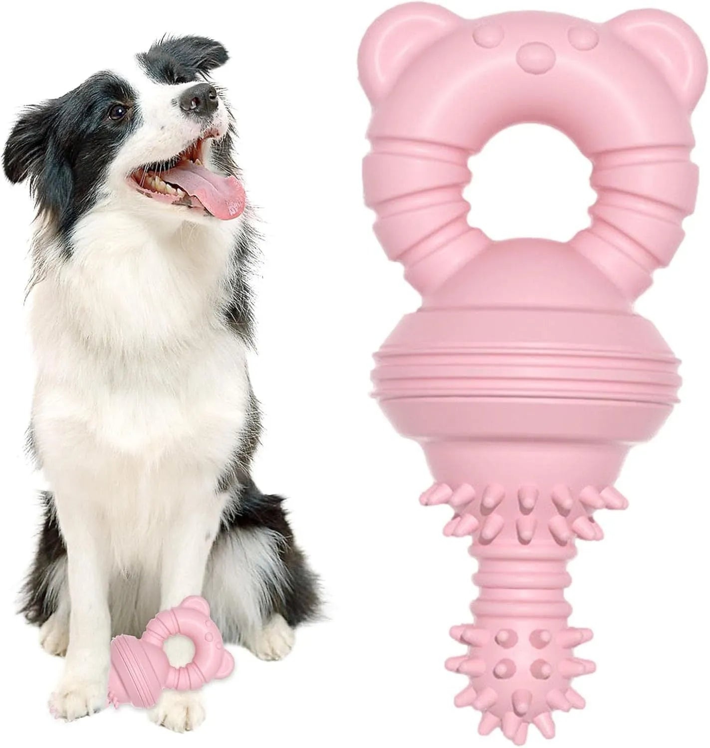 Blue rubber molar clean dog chew toy with bell shape and textured concave-convex surface.