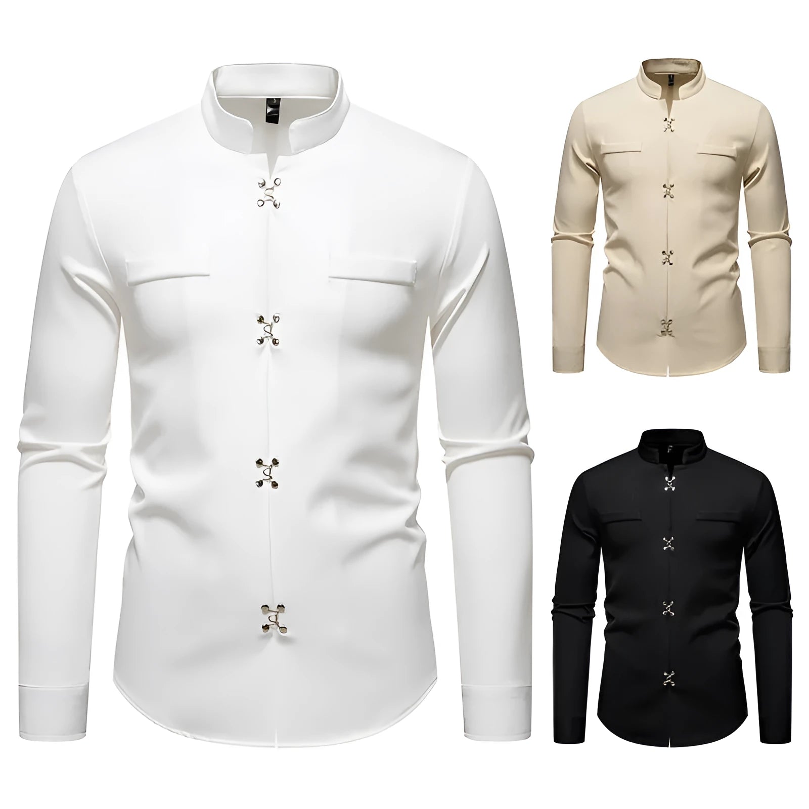 Men's long-sleeved polyester casual shirt in black, white, and khaki colours, slim fit, cardigan style