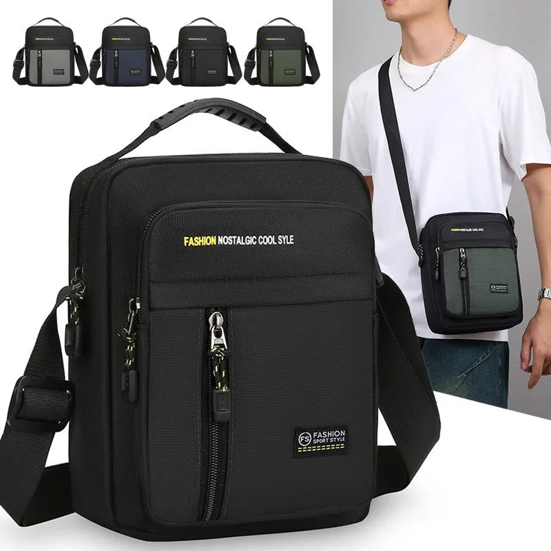 Men's casual nylon one shoulder messenger bag in green, gray, black, or blue colour with sewing thread details.