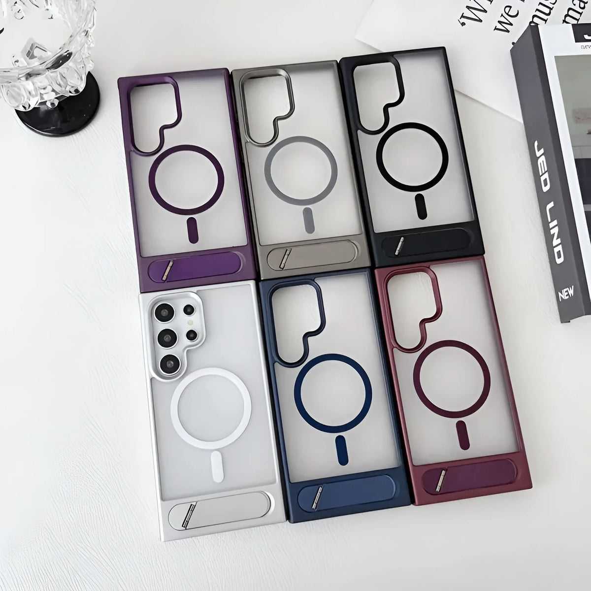 Samsung phone case with folding metal bracket, magnetic suction, and frosted skin-feeling finish