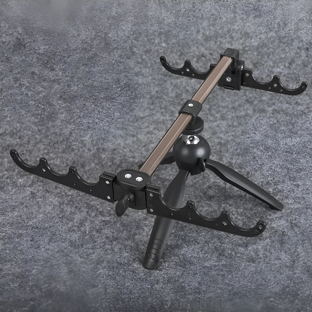 Aluminium alloy ice fishing rod holder bracket in a triangular tripod design on ice.