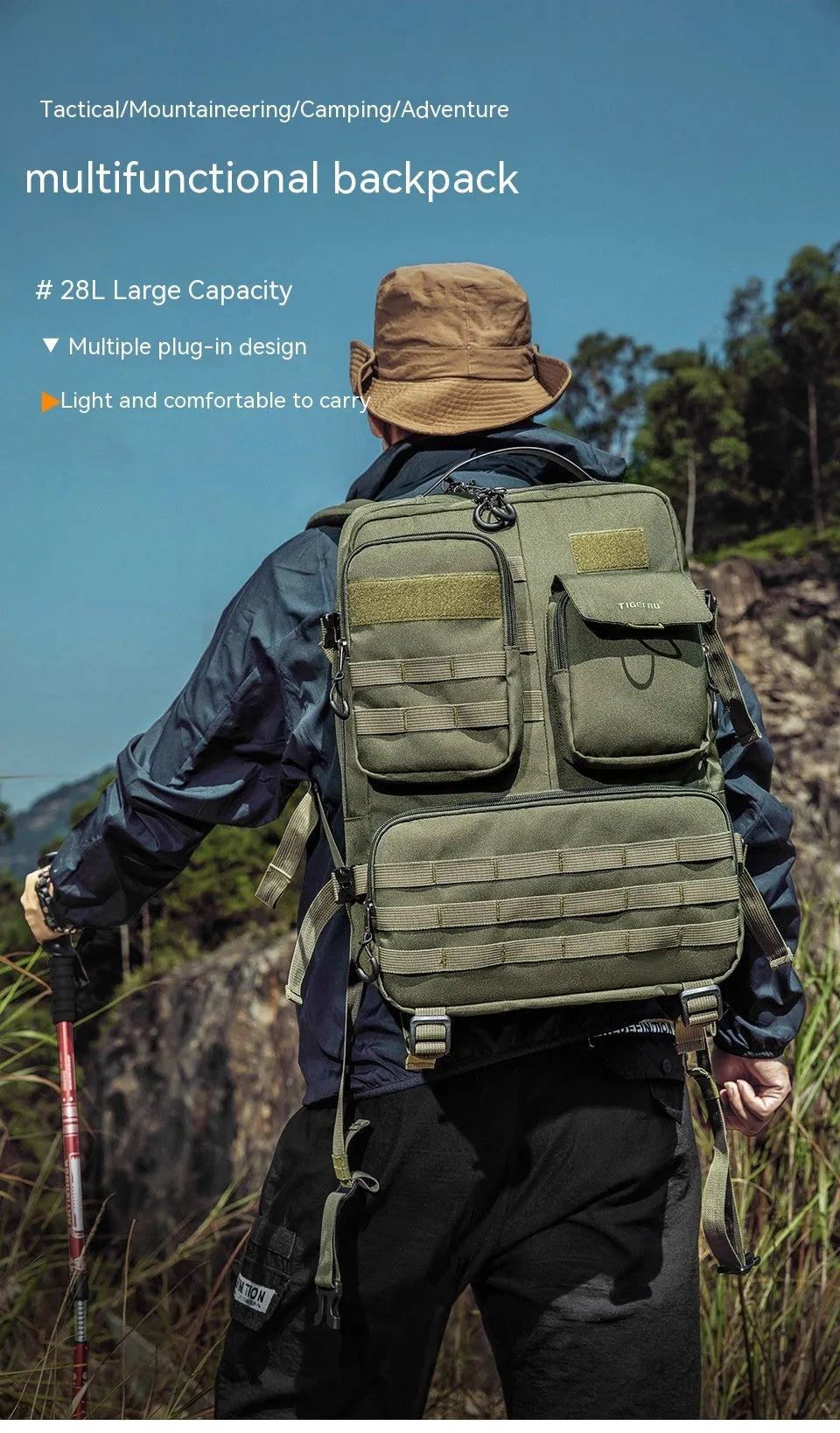 Army green tactical backpack with waterproof nylon construction showing 17-inch size and organisational compartments