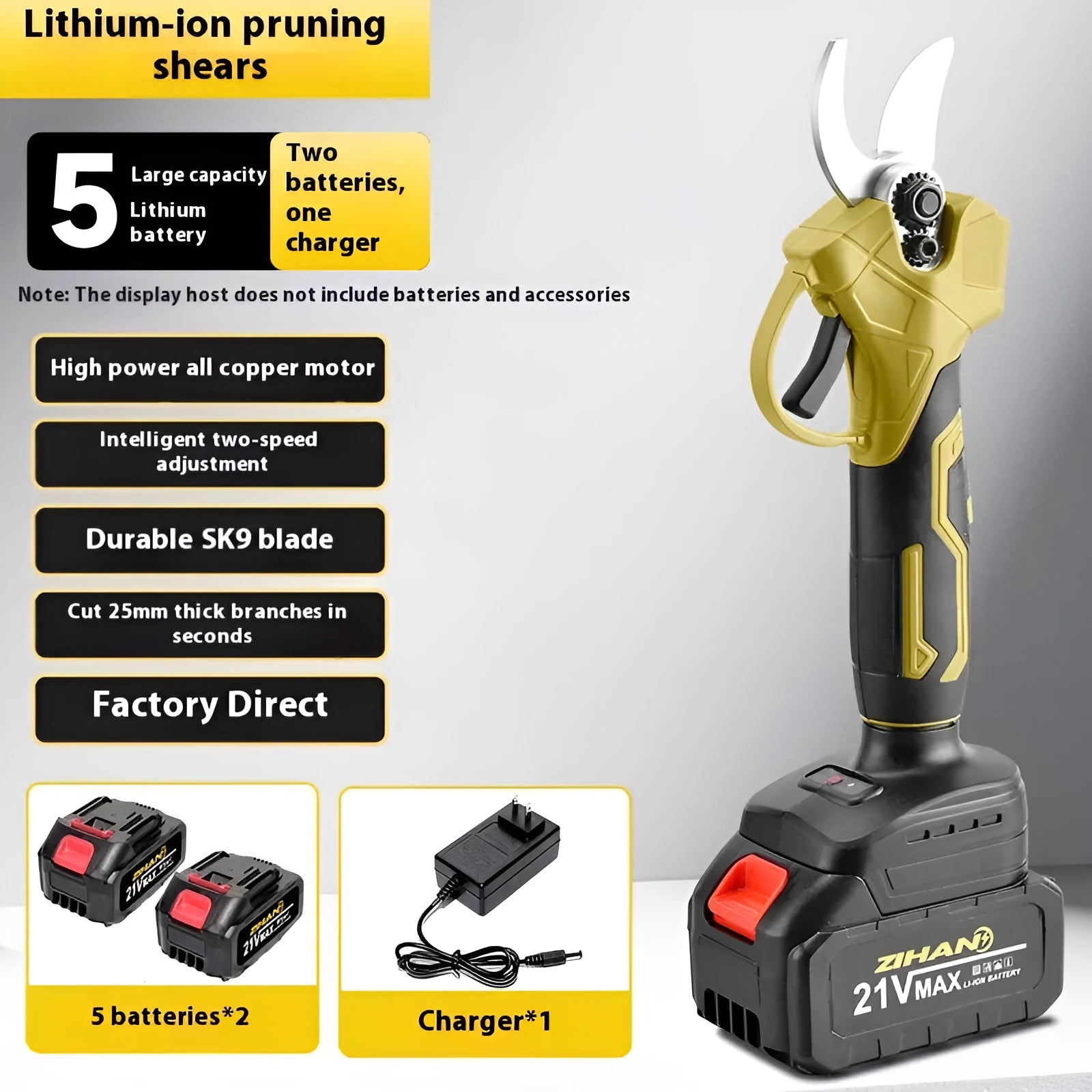 Electric pruning knife with lithium battery, plastic storage box, and two batteries for garden branch cutting