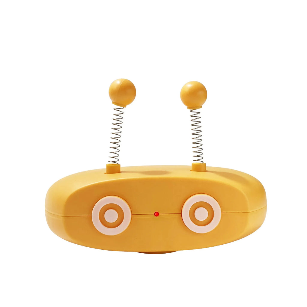 Blue rechargeable robot cat toy with laser pointer and feather attachments on grey floor