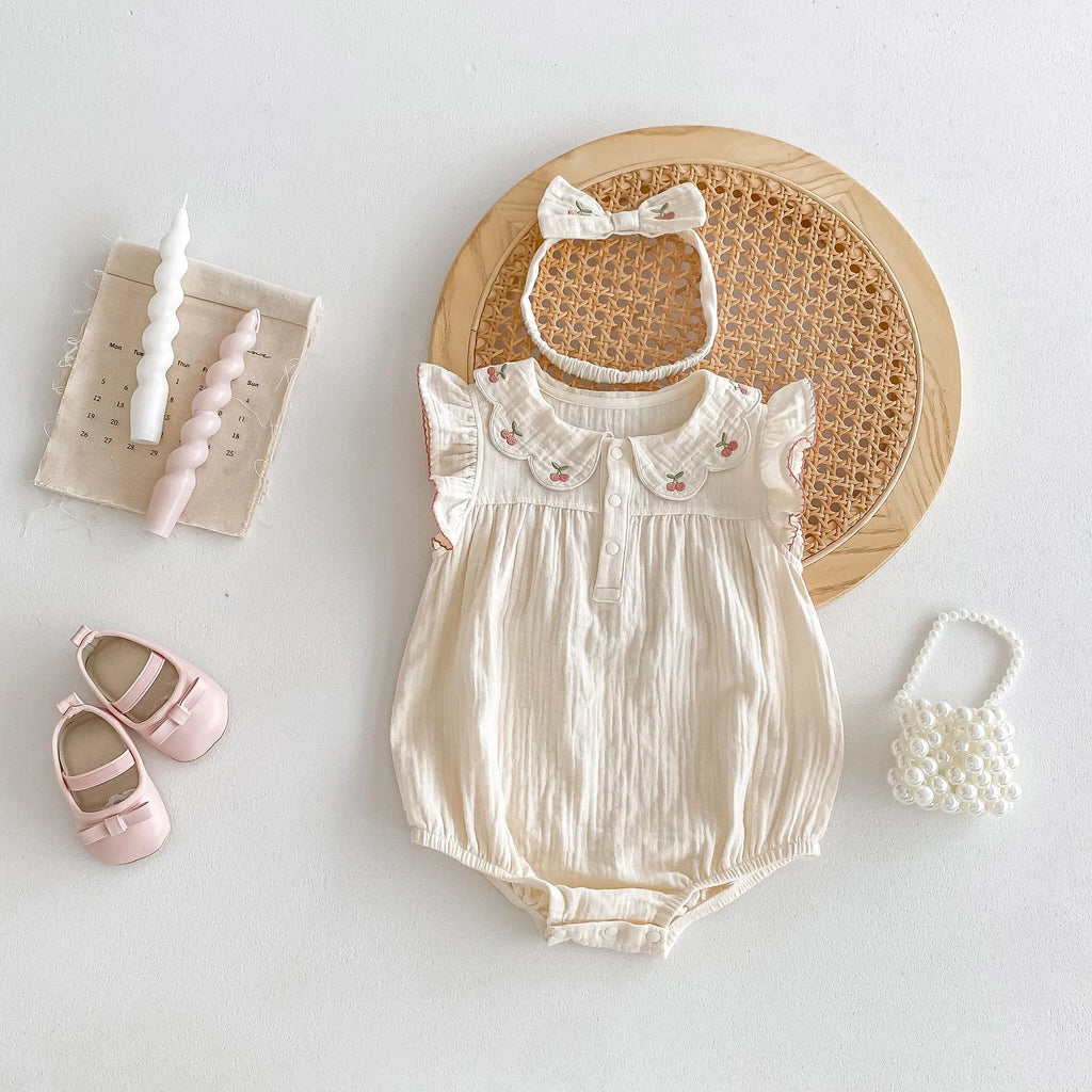 Apricot sleeveless cotton double-breasted baby jumpsuit with matching hair band, summer thin romper for heights 66cm-90cm.