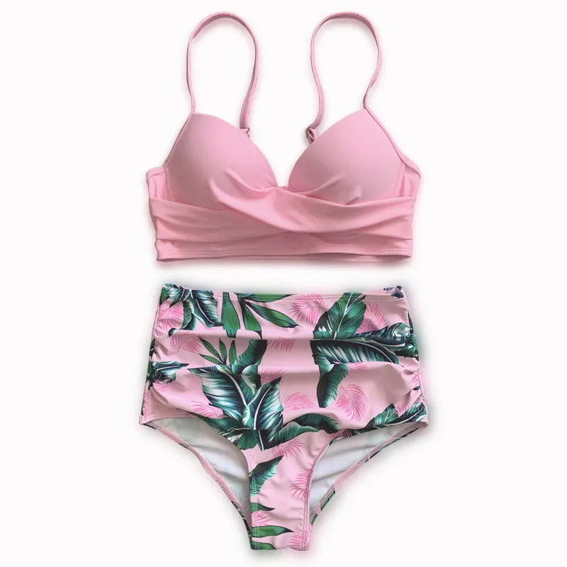Women's yellow floral printed bikini set with push-up bra and high-waisted shorts