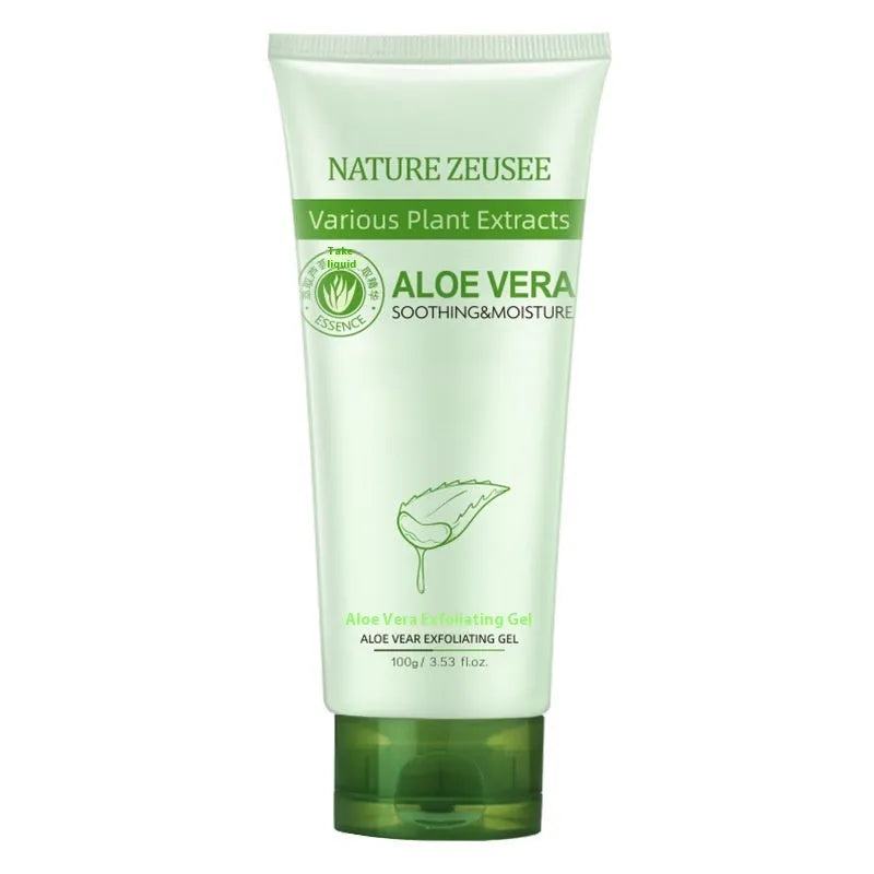 Aloe vera exfoliating gel 100g in picture colour tube with ingredient list including aloe vera, fruit oil, sodium hyaluronate
