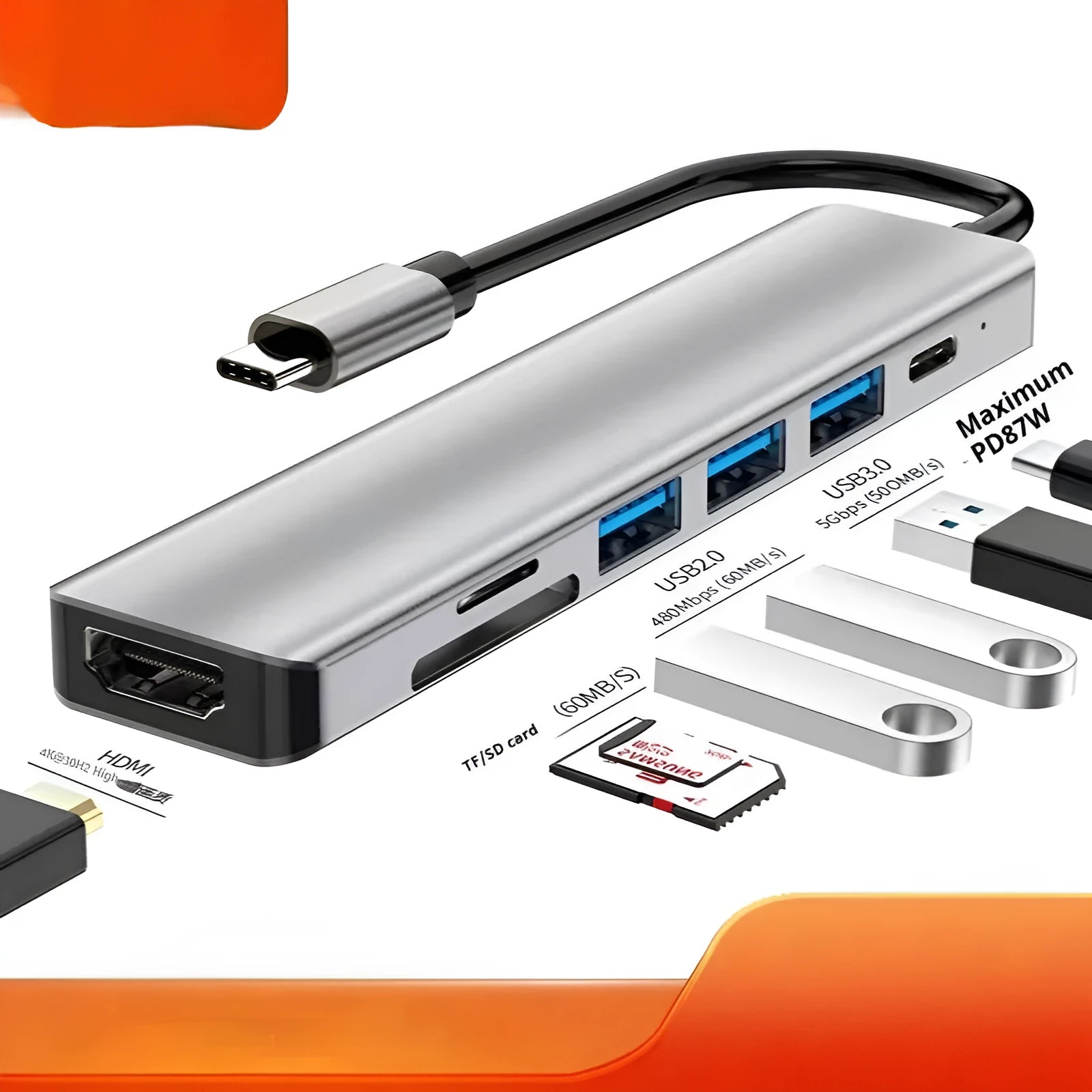 Silver 7-in-1 USB-C expansion dock with HDMI, VGA, USB ports, and a short 15cm connecting cable.