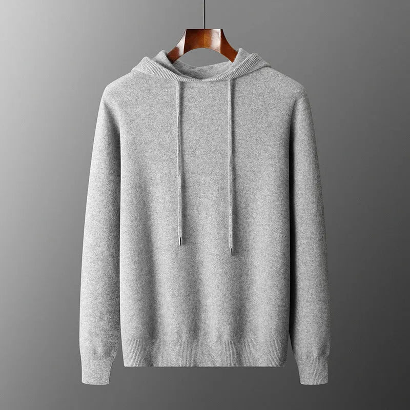 Men's light grey cashmere hooded sweatshirt and long pants casual winter set laid flat.