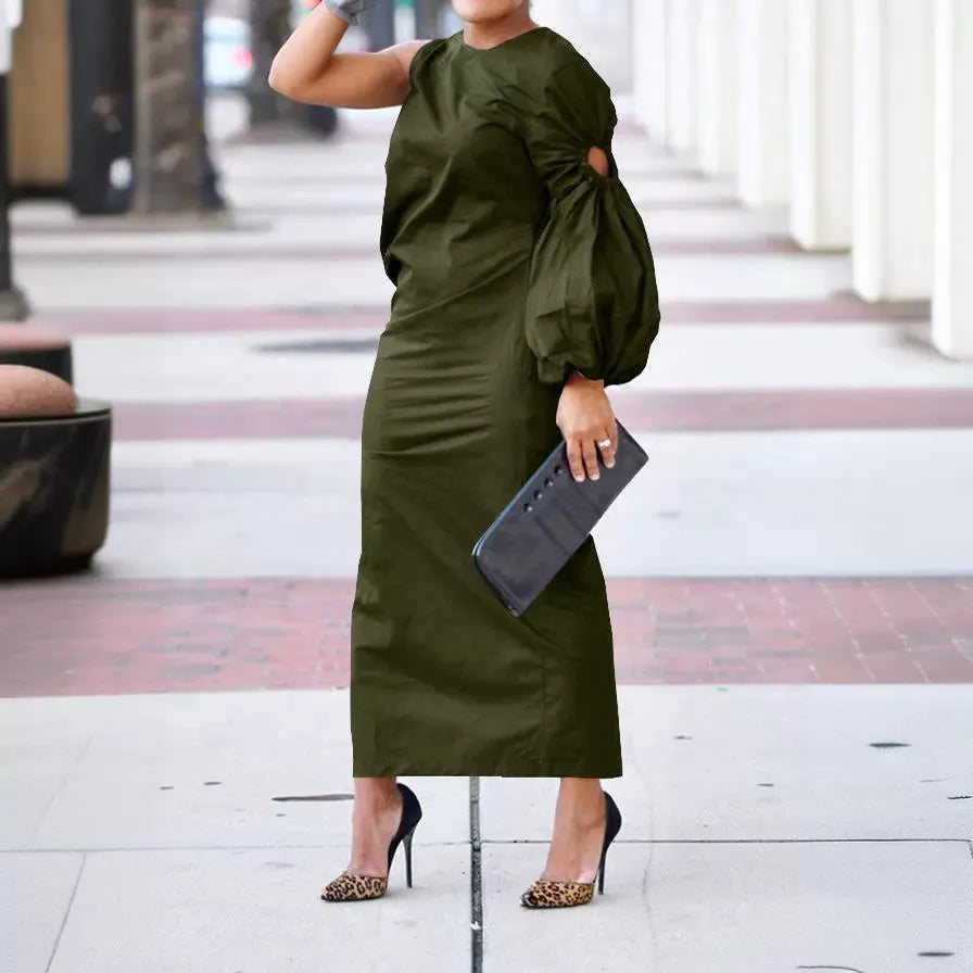 Women's solid colour single-sleeve long dress with elastic waist and side slit in army green