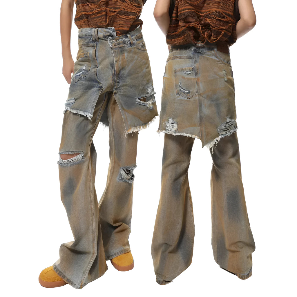 American Street loose hole bootcut pants in denim with high waist and straight-leg cut
