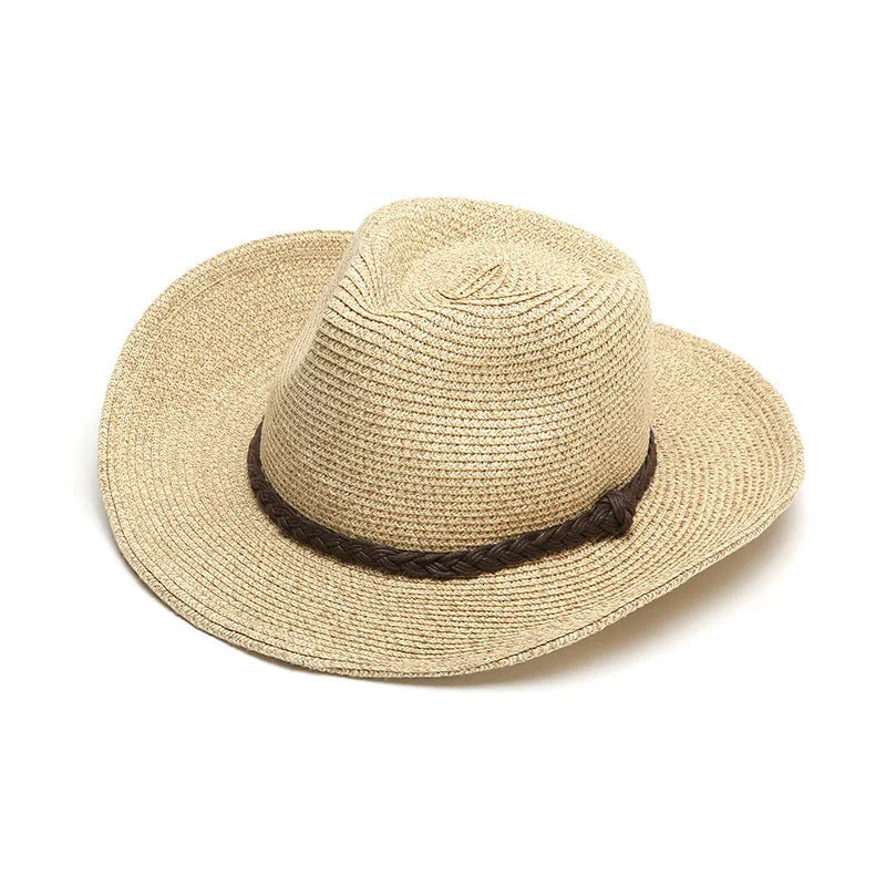 A foldable straw sun hat for men with a wide brim, shown in a beige colour.