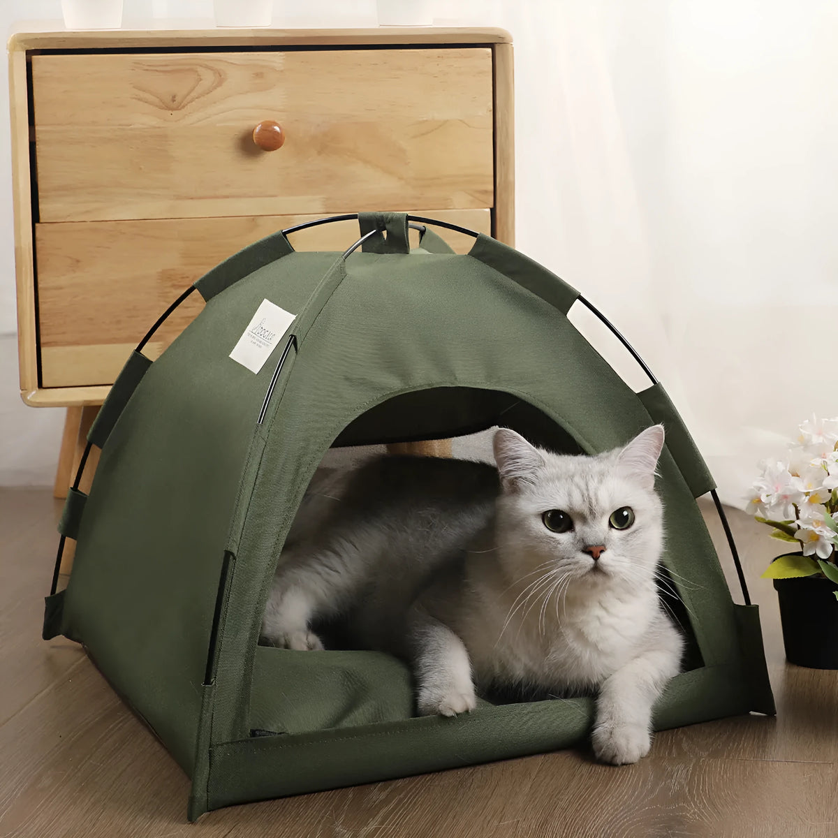 Cat tent dog bed with cushion, cooling mat, portable pet sofa in military green and turquoise gray