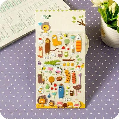 Pack of colourful 3D bubble stickers showing raised cartoon designs of an alpaca, cat, dinosaur, and sweetheart motifs.