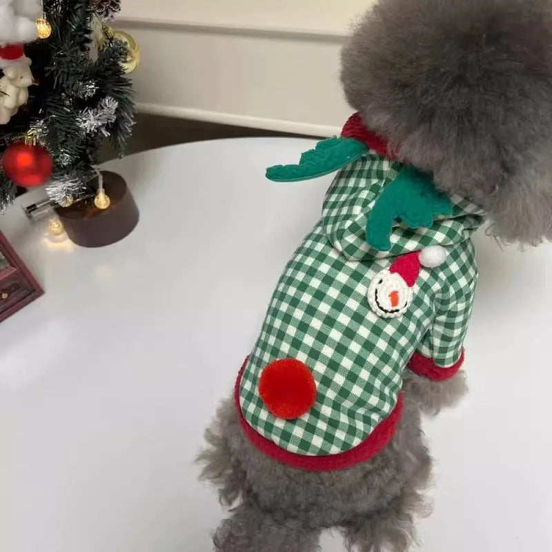 Plaid dog hoodie with snowman design in milk silk fabric, suitable for small breeds like Bichon Frise
