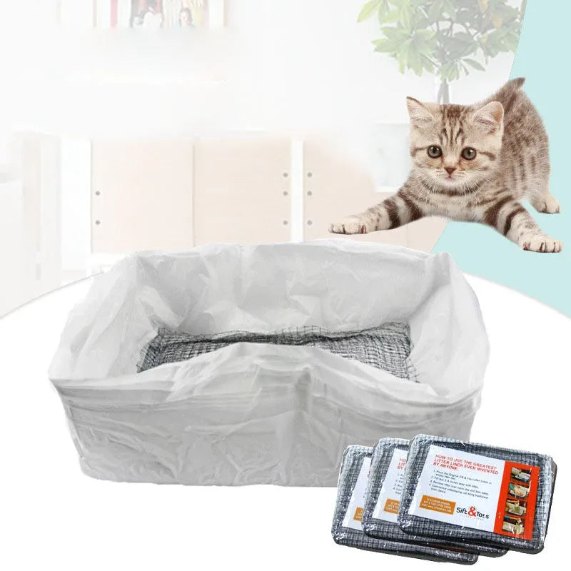 Plastic cat litter bags in S, M and L set with white mats, strainer and black garbage bags