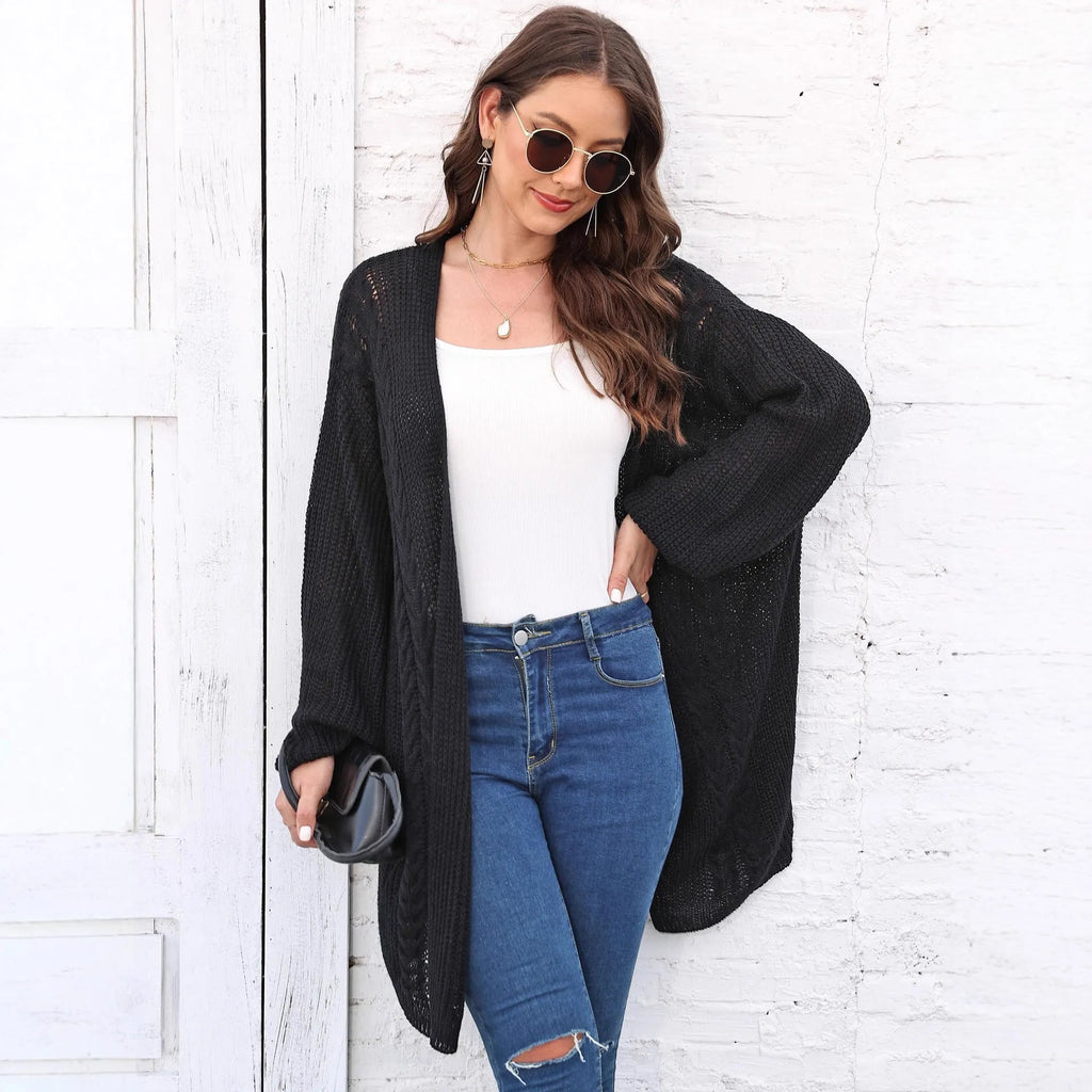 Women's longline acrylic cardigan in a free size loose fit, shown in brown.