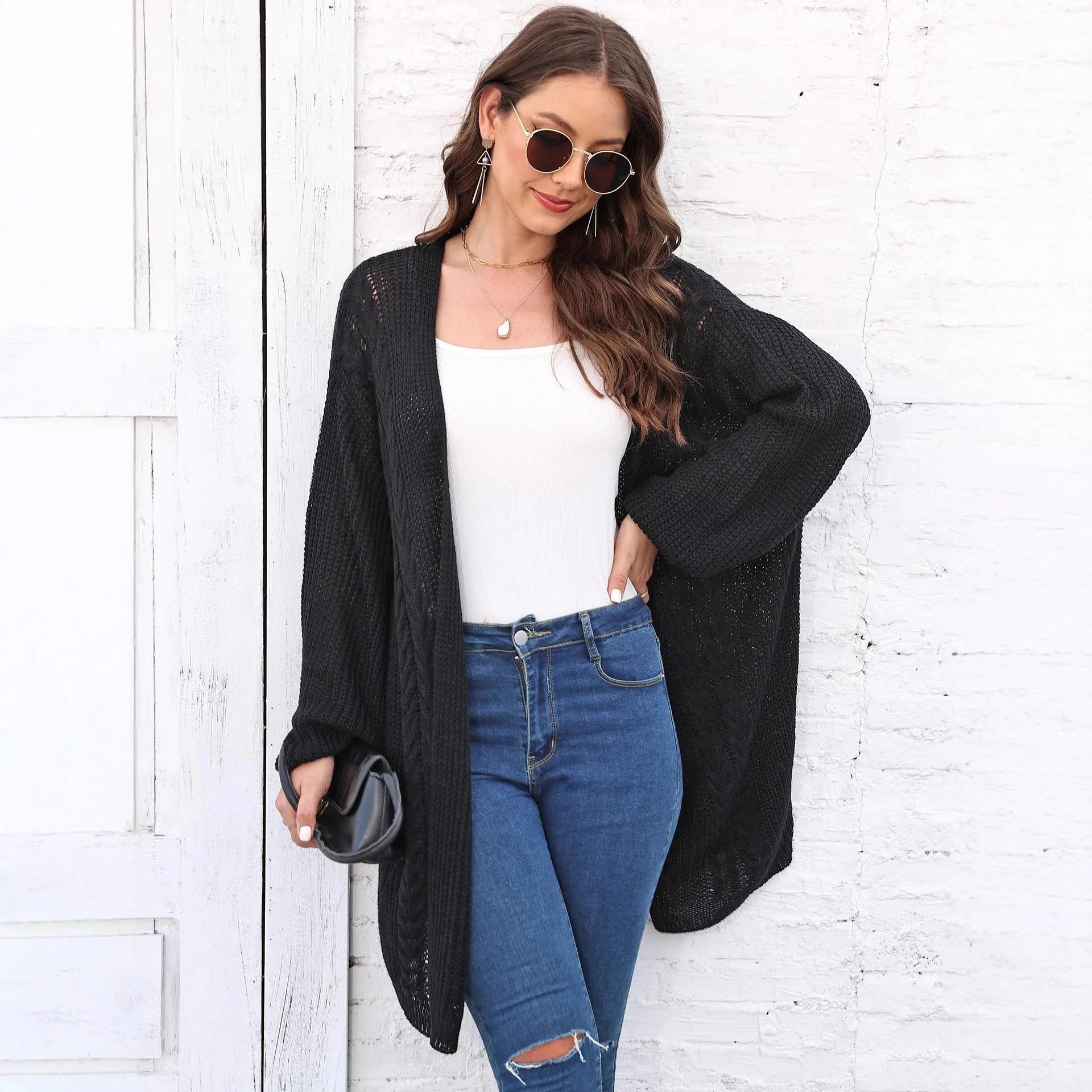 Women's longline acrylic cardigan in a free size loose fit, shown in brown.