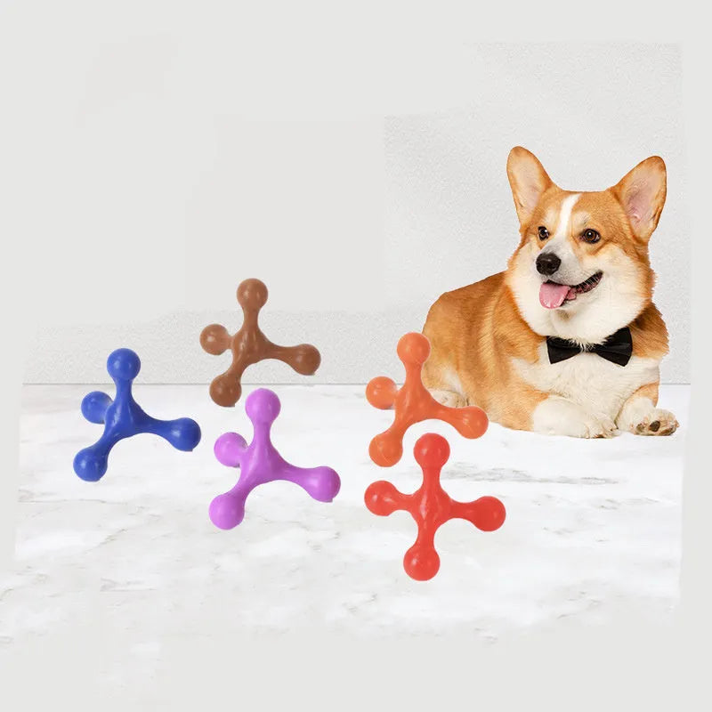 Blue silicone dog chew toy with three legs on a white background.