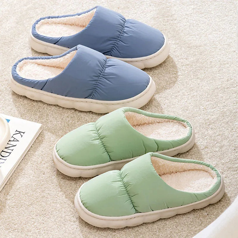 Artificial leather and rubber house slippers with thick sole and plush lining in blue, green, grey, pink or yellow