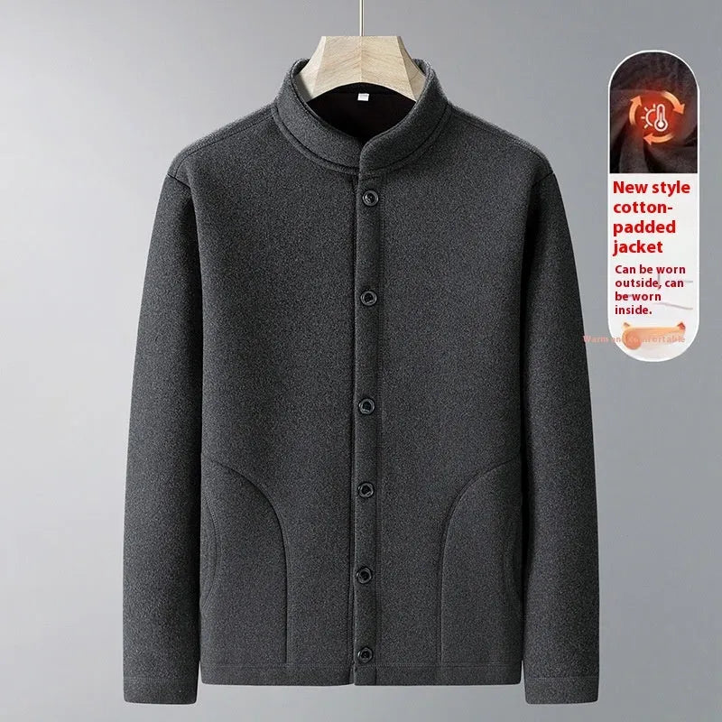 Men's large size dark gray velvet sport suit with long-sleeve coat and trousers, polyester fabric with wool lining