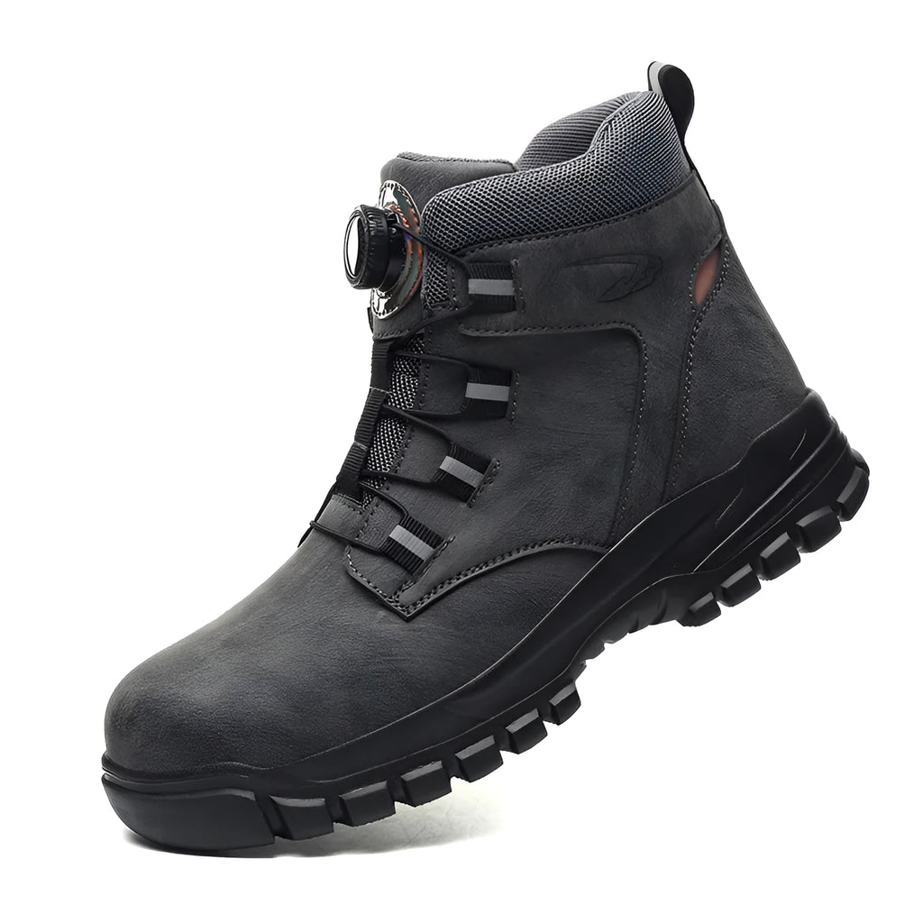 Lightweight black and yellow labour protection safety shoes with leather upper and rubber sole.