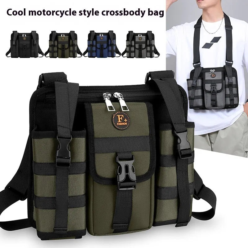 Men's Army Green Oxford cloth messenger bag showing front compartment and shoulder strap.