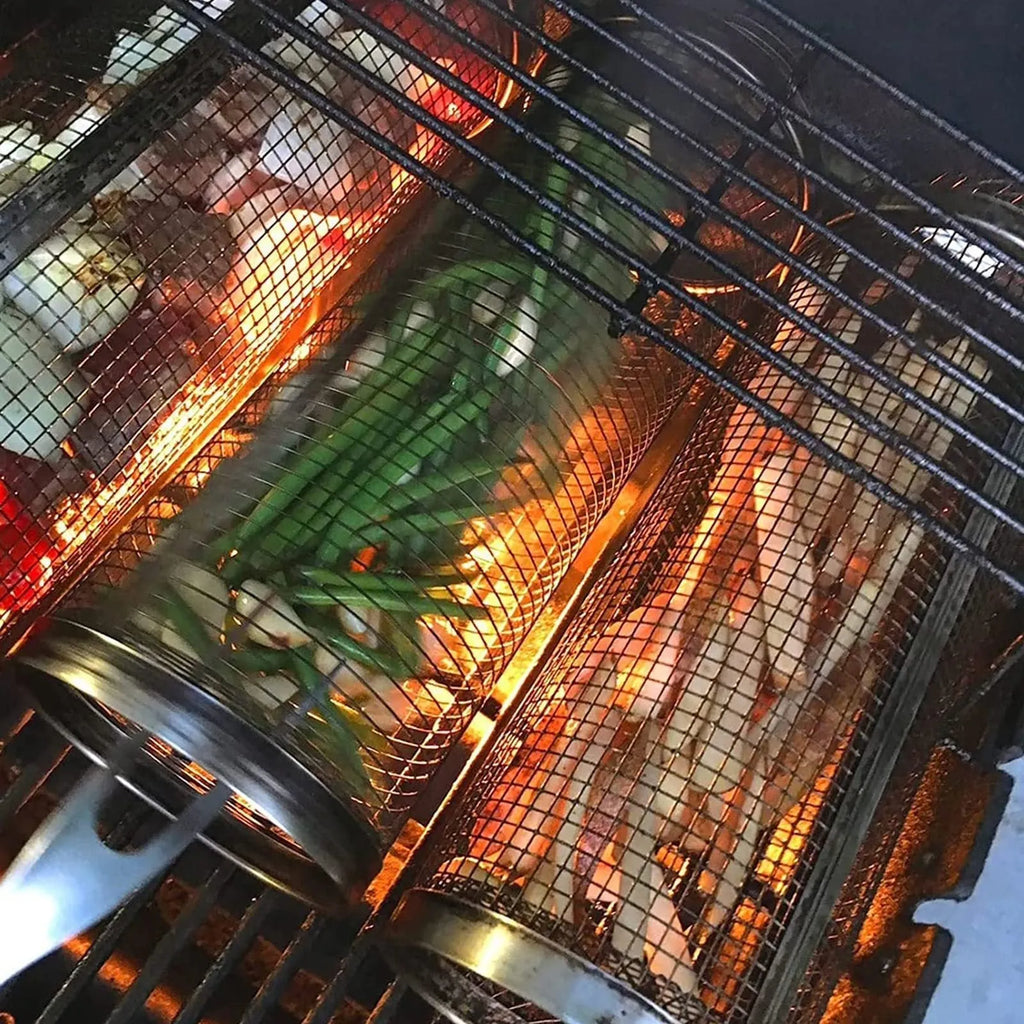 Stainless steel rolling BBQ grill basket with mesh cylinder design for vegetables meatballs