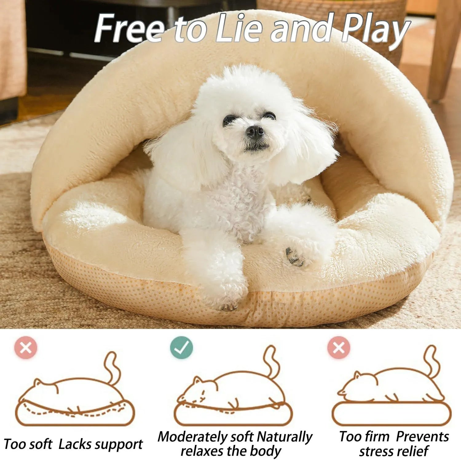 Slipper-shaped cat cave bed with corduroy exterior and self-warming design on hard flooring