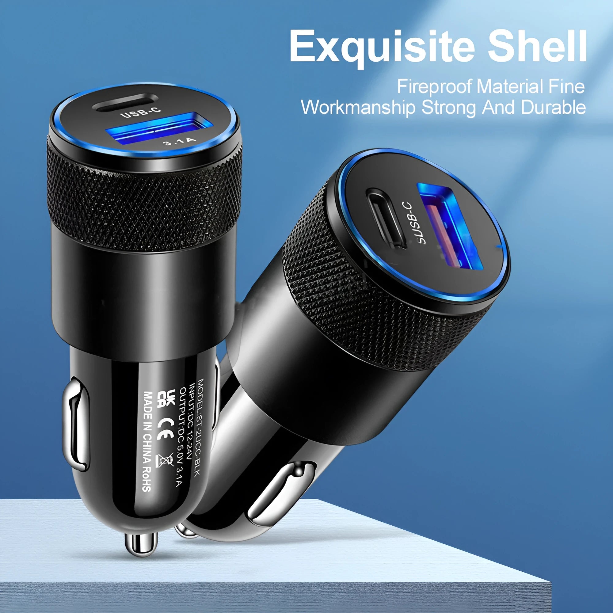 Aluminium alloy mobile phone car charger showing compact 2.5x6cm design