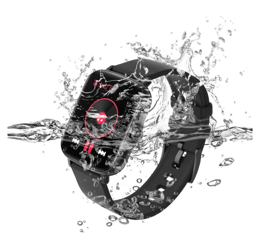 Black smart sports watch with a 1.7-inch colour touch screen on a adjustable strap, showing the home screen interface.