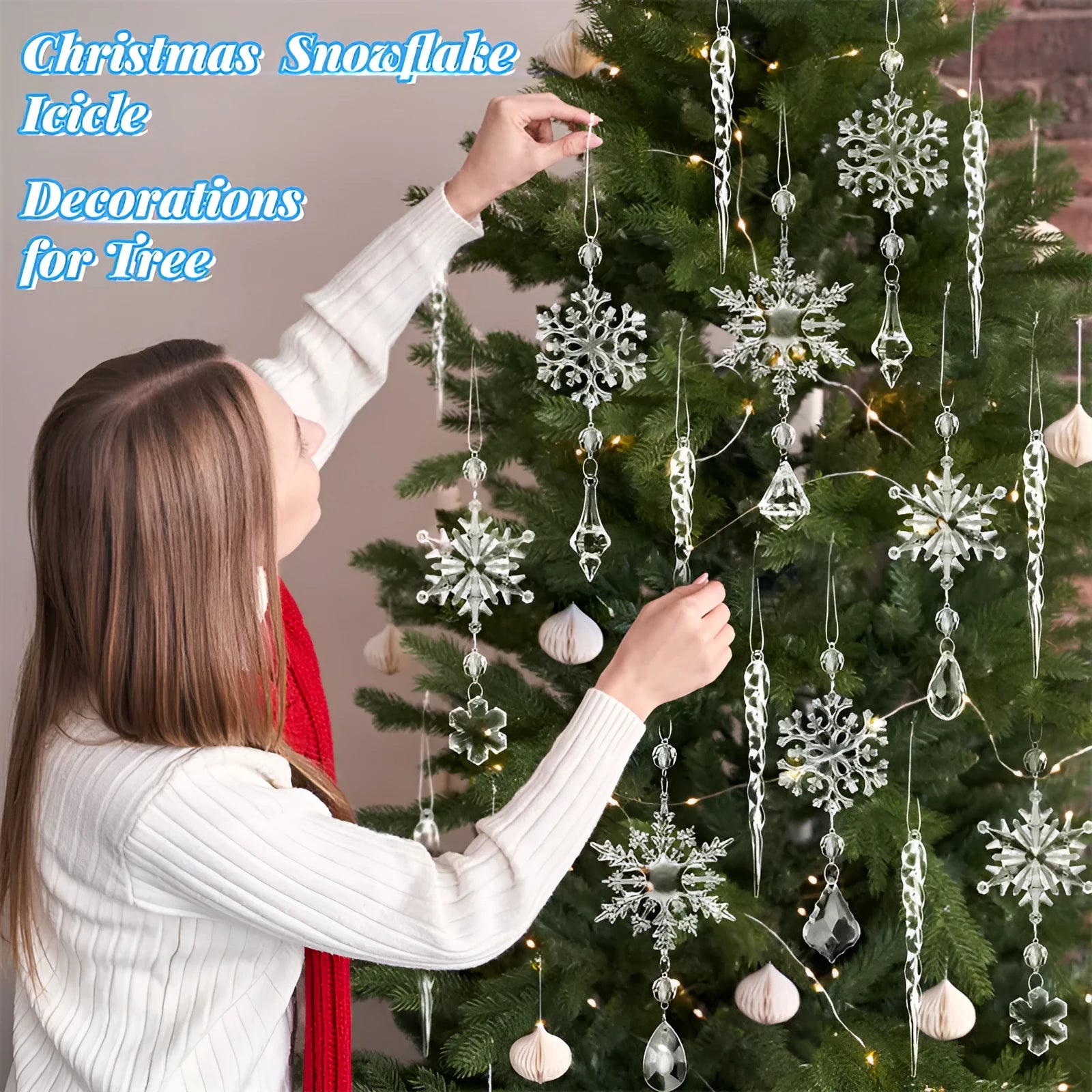 10 clear acrylic ice cone Christmas tree hanging ornaments with white ribbons