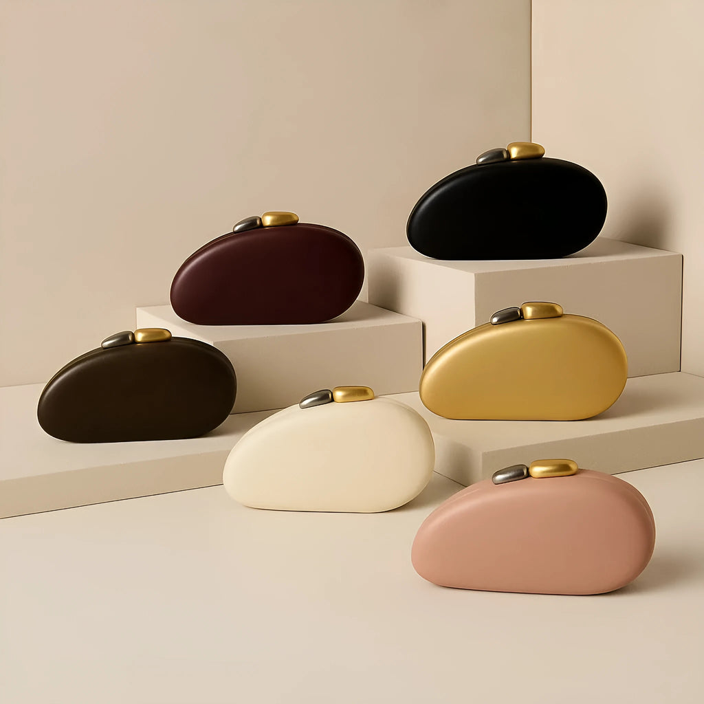 Oval hard PU dinner clutch bag in acrylic colour with cotton lining and open pocket for daily matching