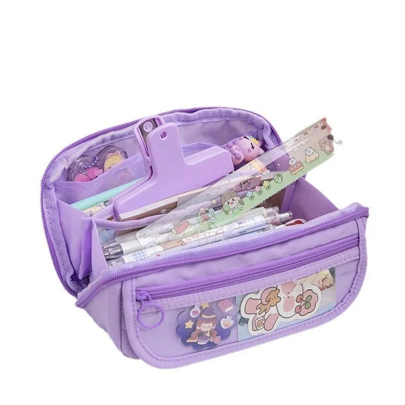 Ten-layer flip pencil case in canvas material showing multiple compartments in a choice of six colours.