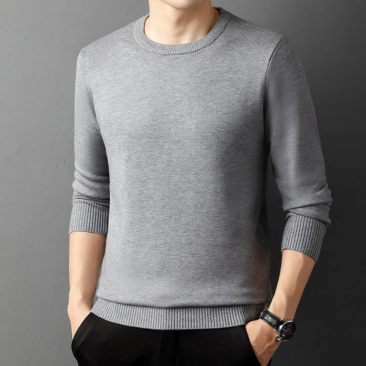 Core-spun yarn round neck semi-high collar knitted pullover sweater for men in khaki color