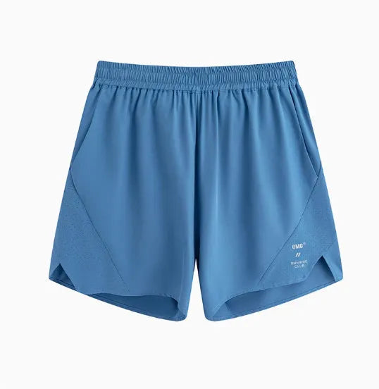 Men's black running shorts with four-point laser stitching detail on stretch fabric.