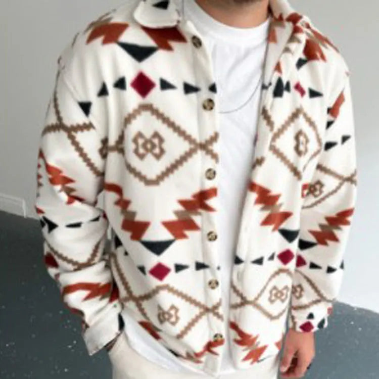 Men's retro ethnic print brushed cotton casual shirt jacket white colour block long sleeve lapel collar