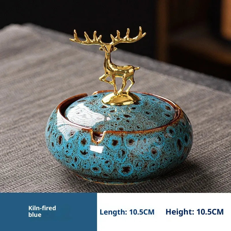 Ceramic decorative ashtray with lid in kiln baked blue colour simple style