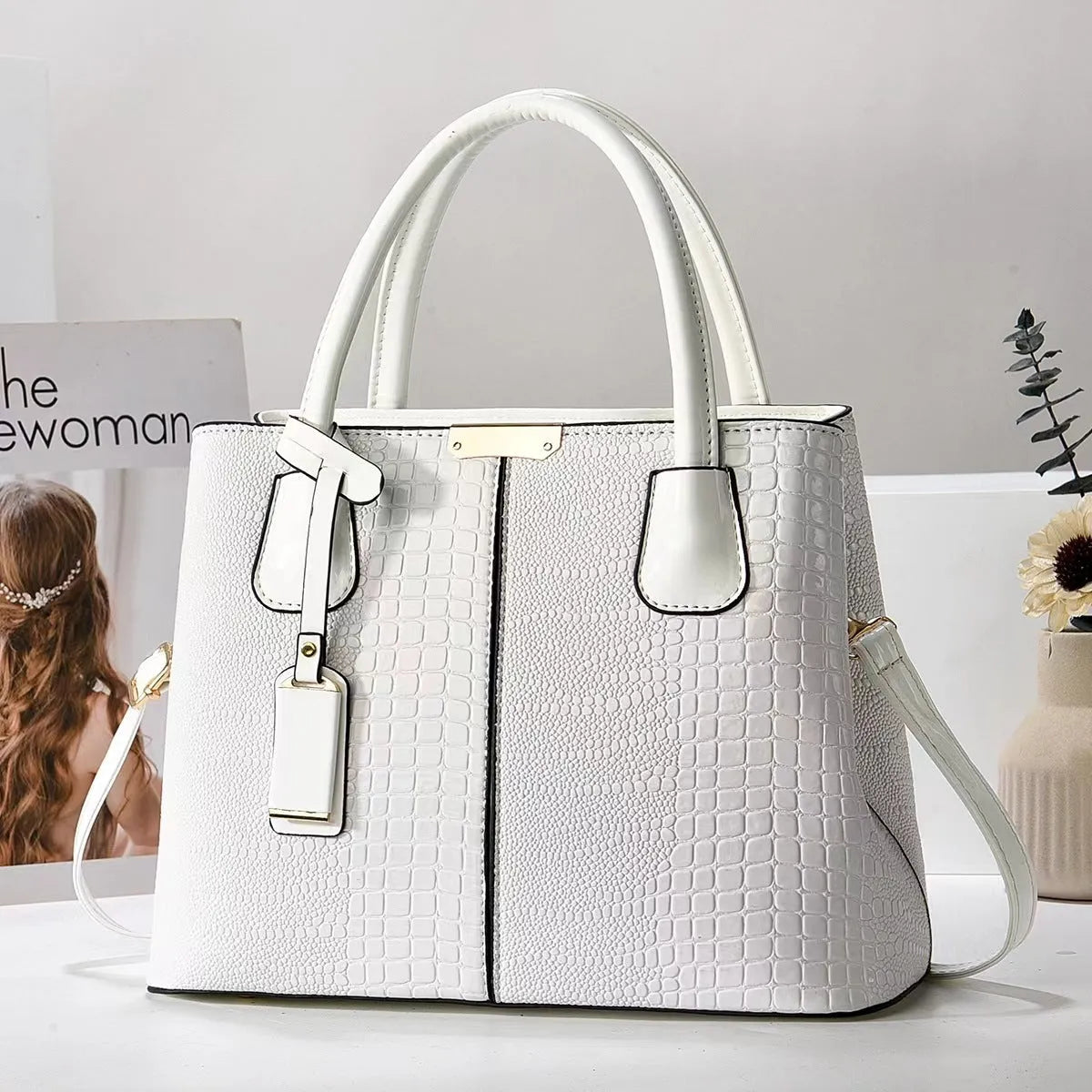 Women's large-capacity horizontal square handbag in soft textured PU leather, white colour, lightweight 540g