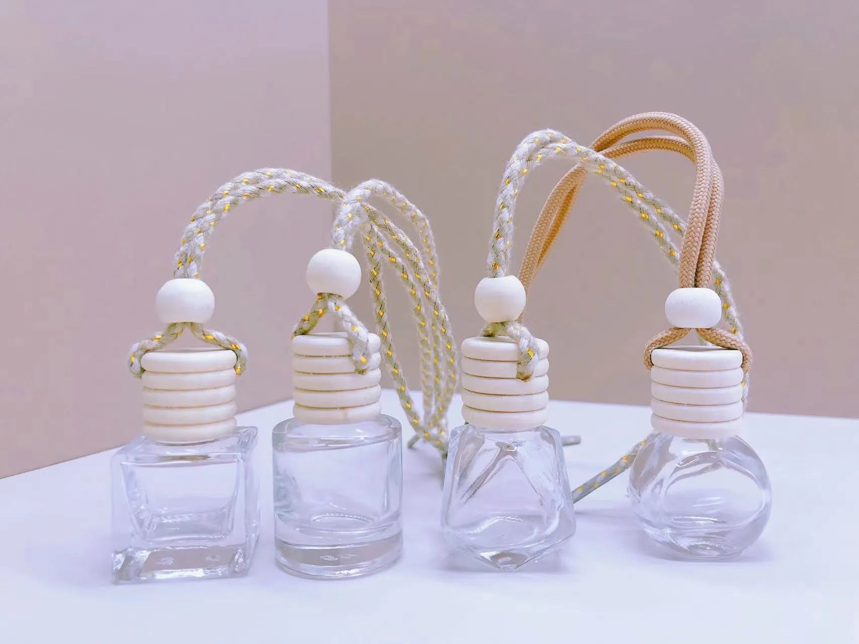 Glass car perfume pendant fragrance bottle in cylinder, diamond, flat drum, and square shapes
